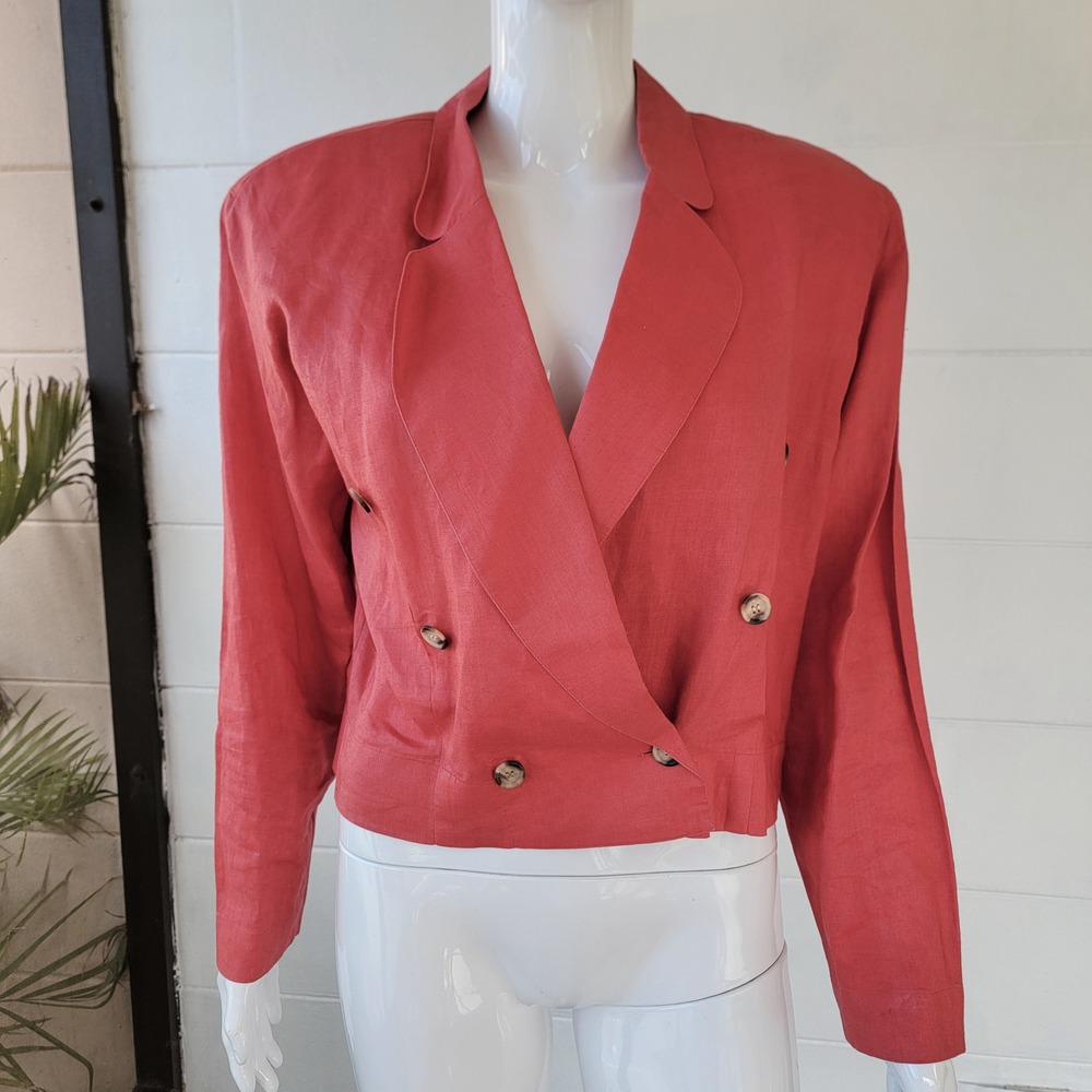 VTG 80s Marder Linen Cropped Jacket Red Women's M Power Dressing Coastal Grandma